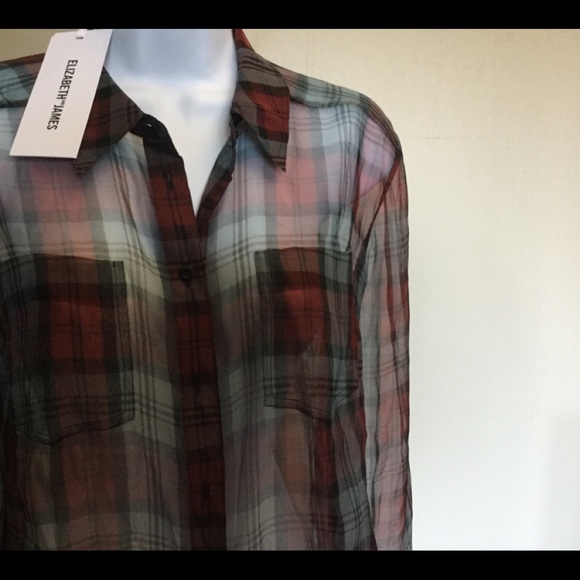 NWT ELIZABETH AND JAMES XS BL RED Sheer Plaid Top
